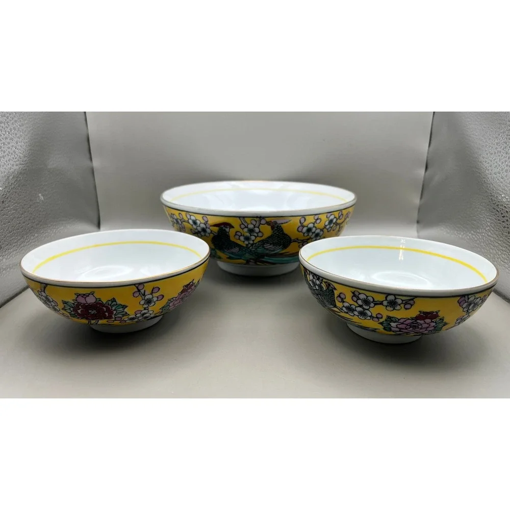 Gold Imari Hand Painted Peacock Floral Porcelain Decorative Bowls‎ Set 3 As Is